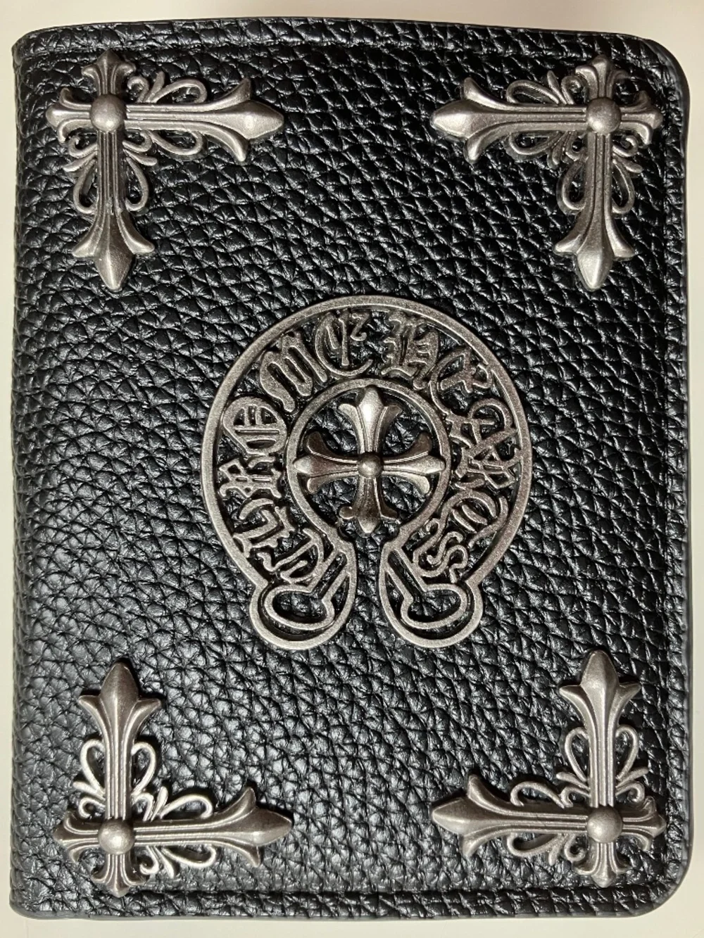 Chrome Hearts Style Black Pebbled Leather Wallet 4 x 3